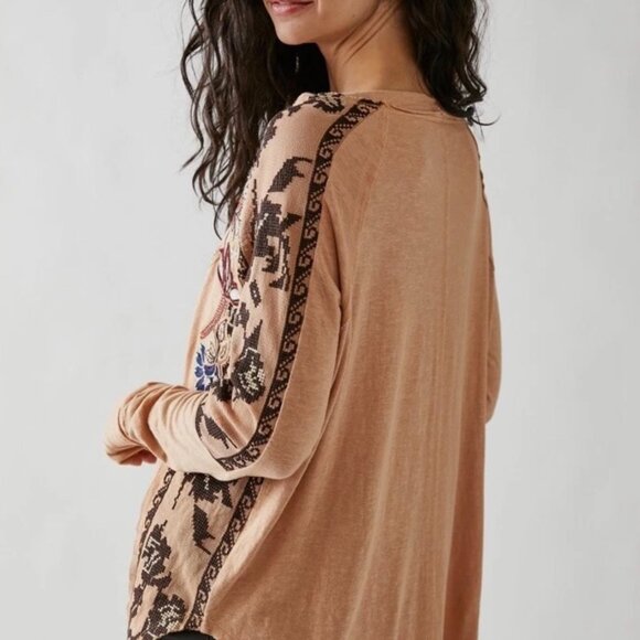 Free People Tan Embroidered Long Sleeve Top - Picture 3 of 15